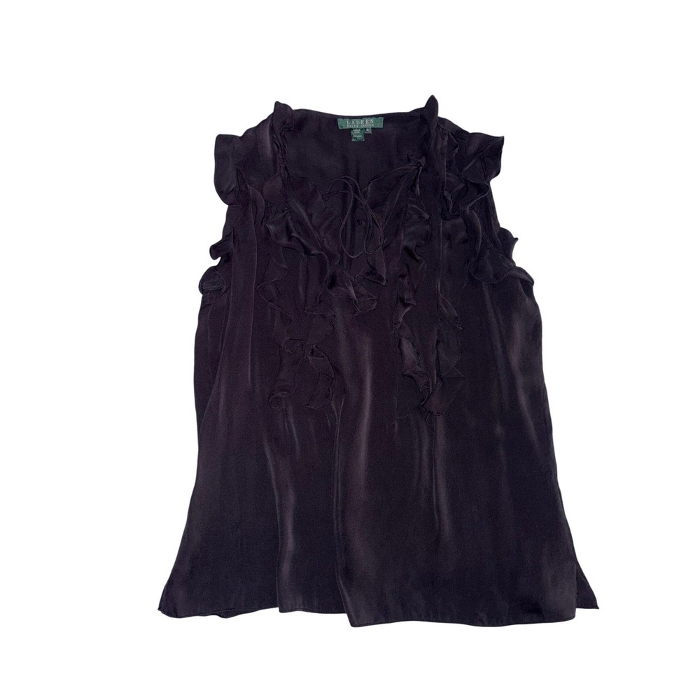 Lauren Ralph Lauren Silk Blouse Black Ruffle V-Neck Sleeveless Womens Size 10 - Picture 2 of 8